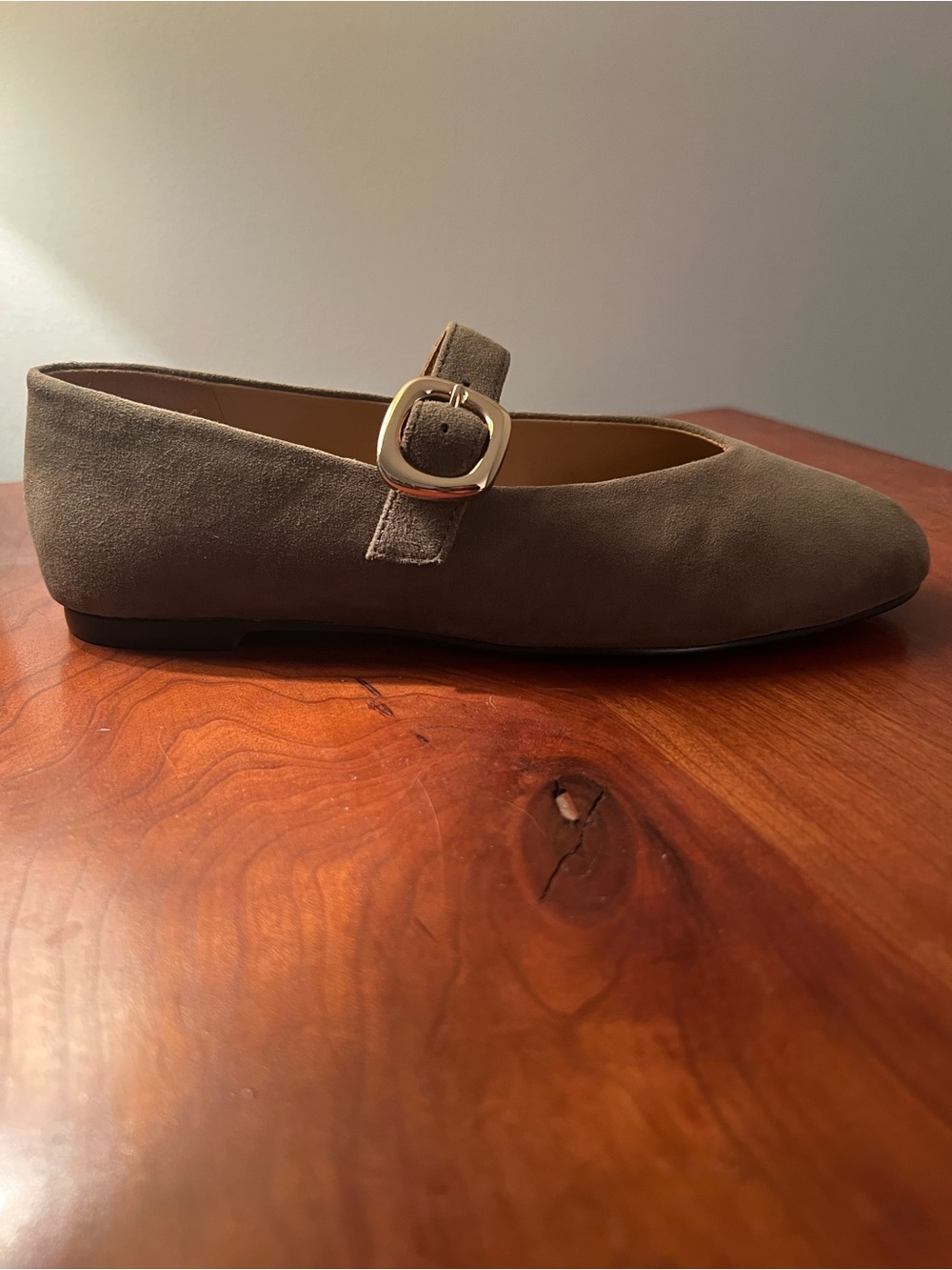 Madewell Taupe Suede Mary Jane Flat with Gold Buckle